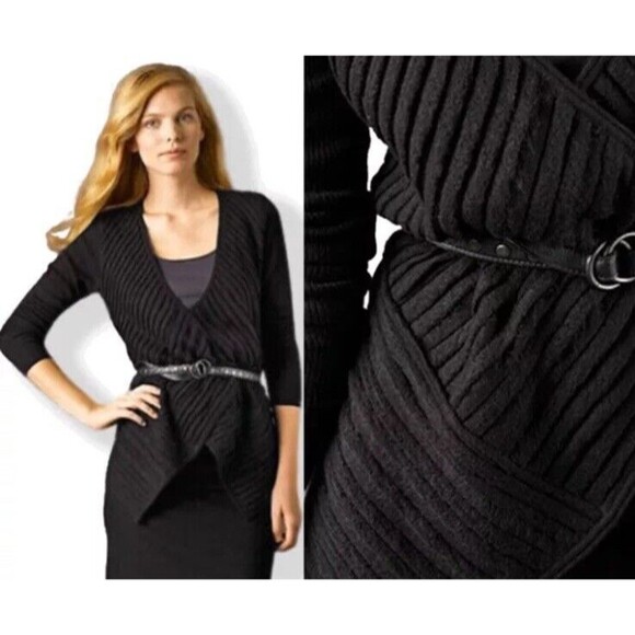 Eileen Fisher Size L Black Felt Ladder Wool Blend Drape Front Sweater Cardigan - Picture 1 of 7